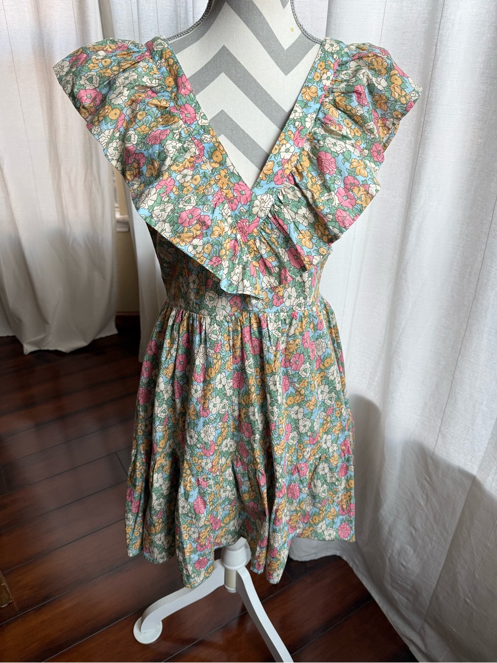 entro Floral Ruffle V-Neck Dress - Pink, Green & Yellow